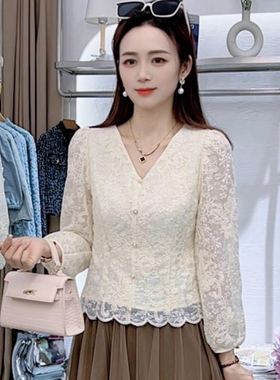 时尚气质V领蕾丝衬衫女春季新款小个子洋气韩版显瘦百搭衬衣小衫