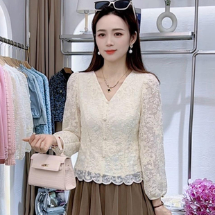 时尚气质V领蕾丝衬衫女春季新款小个子洋气韩版显瘦百搭衬衣小衫