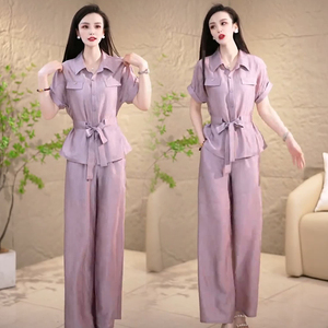 时尚套装女2025夏季新款洋气质显瘦百搭短袖衬衫阔腿裤时髦两件套