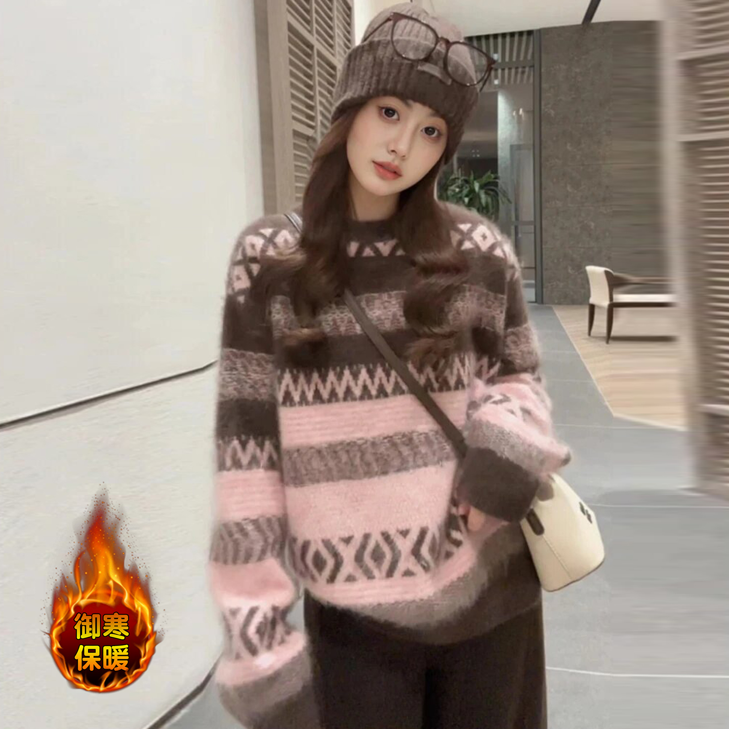 时尚洋气复古圆领毛针织衫上衣女2025秋冬新款气质百搭慵懒风毛衣