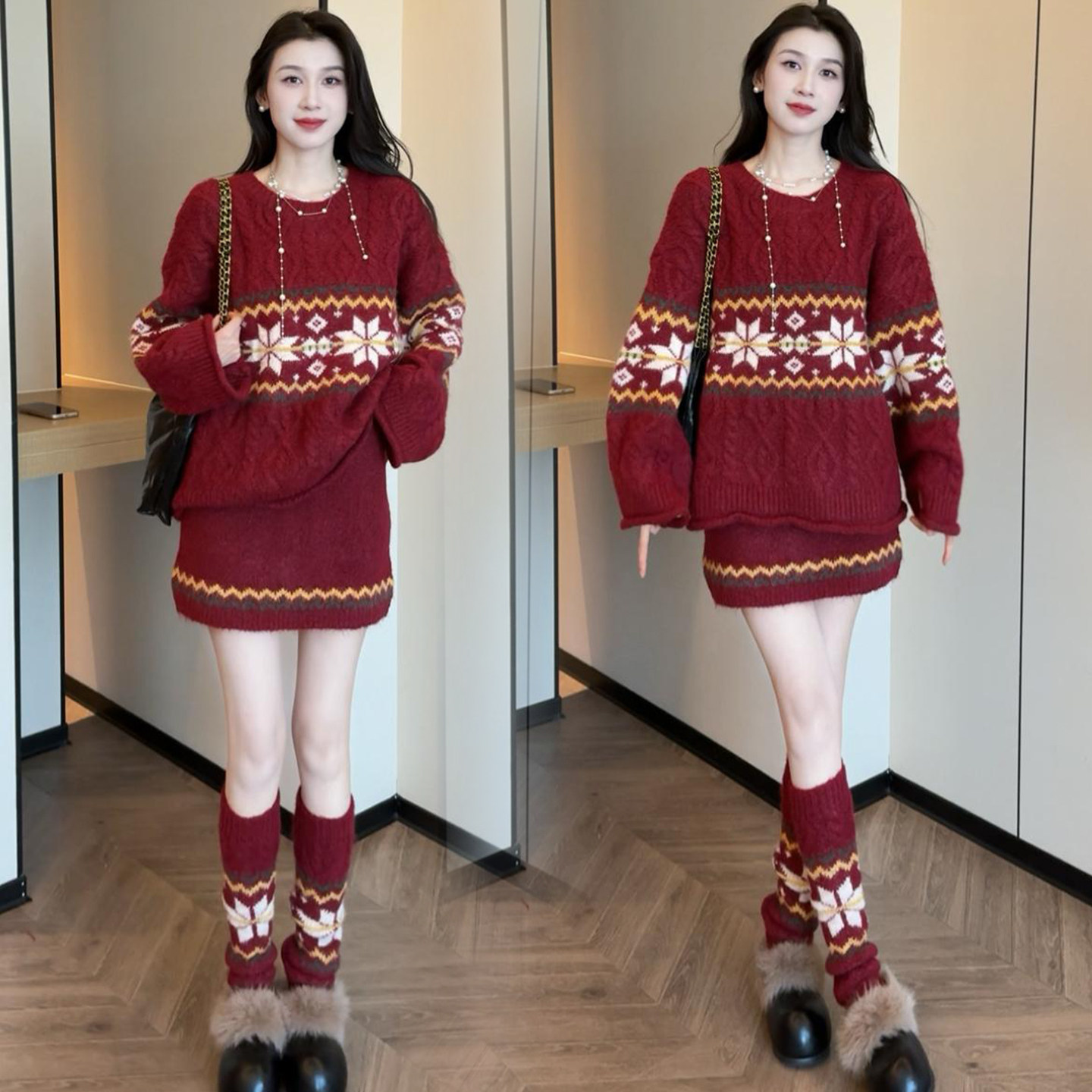 时尚复古针织毛衣套装裙女新春季费尔岛洋气设计感宽松短裙三件套