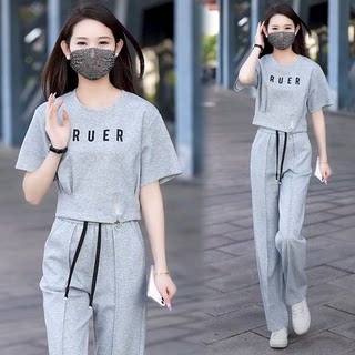 休闲时尚薄款运动服套装女2025夏季新款短款短袖阔腿裤洋气两件套