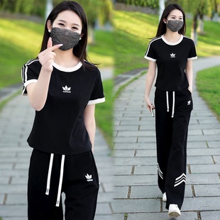 洋气减龄运动服套装 时尚 新款 两件套女2026夏季 休闲圆领短袖 阔腿裤
