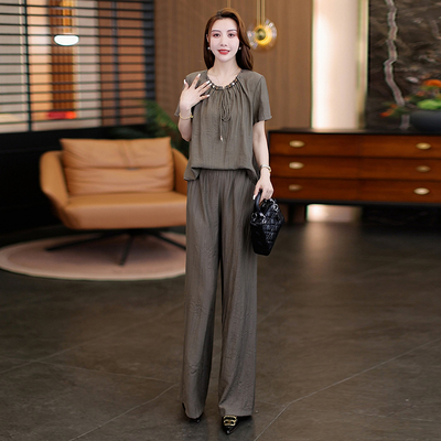 时尚休闲套装女2025夏季新款宽松洋气质短袖上衣垂感阔腿裤两件套