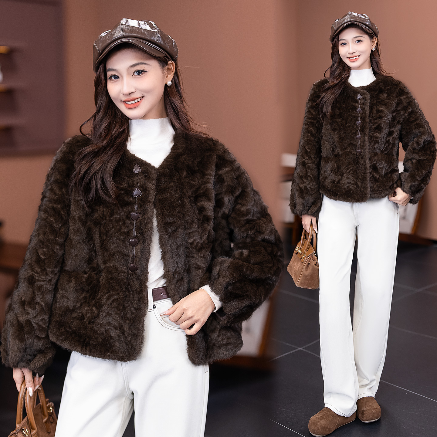 小香风短款皮草外套女冬季咖啡色爱心扣加厚保暖时尚皮毛一体上衣