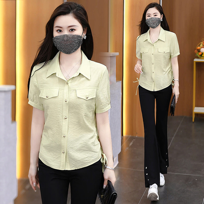 时尚洋气质减龄短款短袖衬衫女2025夏季新款韩版宽松显瘦抽绳衬衣