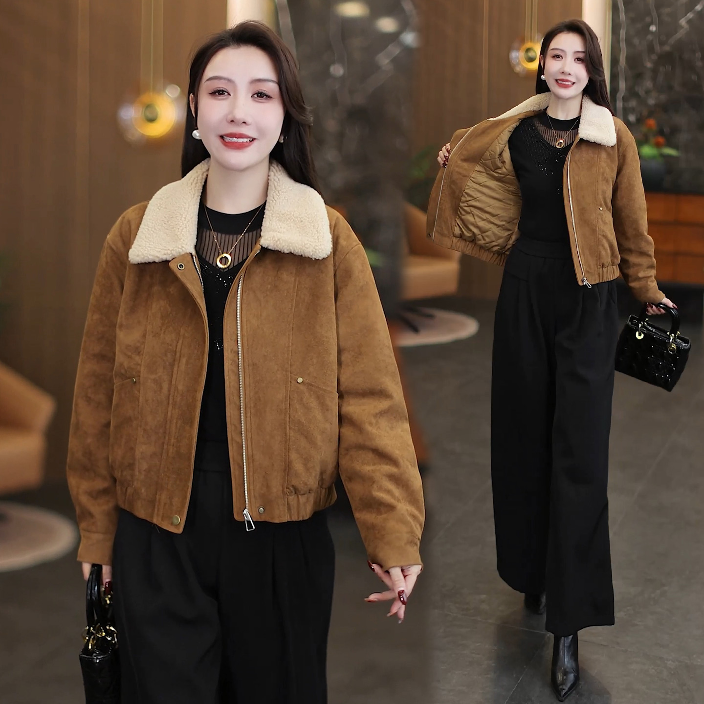 时尚麂皮绒短款棉服女冬季新款宽松洋气加厚保暖休闲毛领棉衣外套