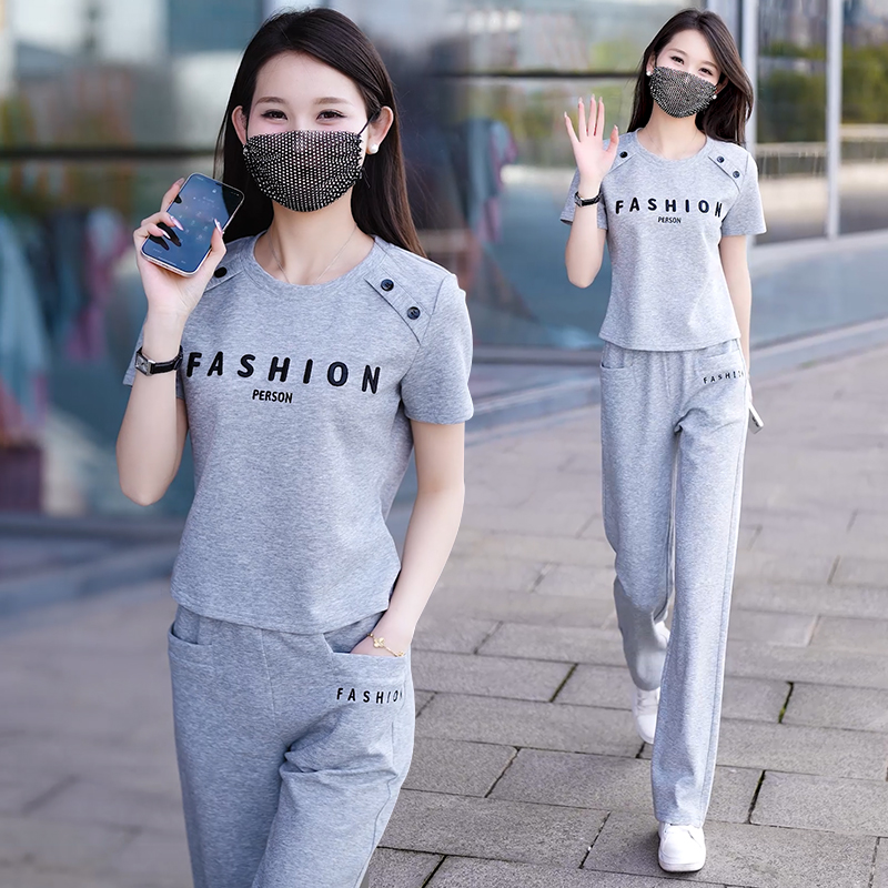 时尚短袖T恤直筒裤休闲两件套女2025夏季新款宽松减龄运动服套装