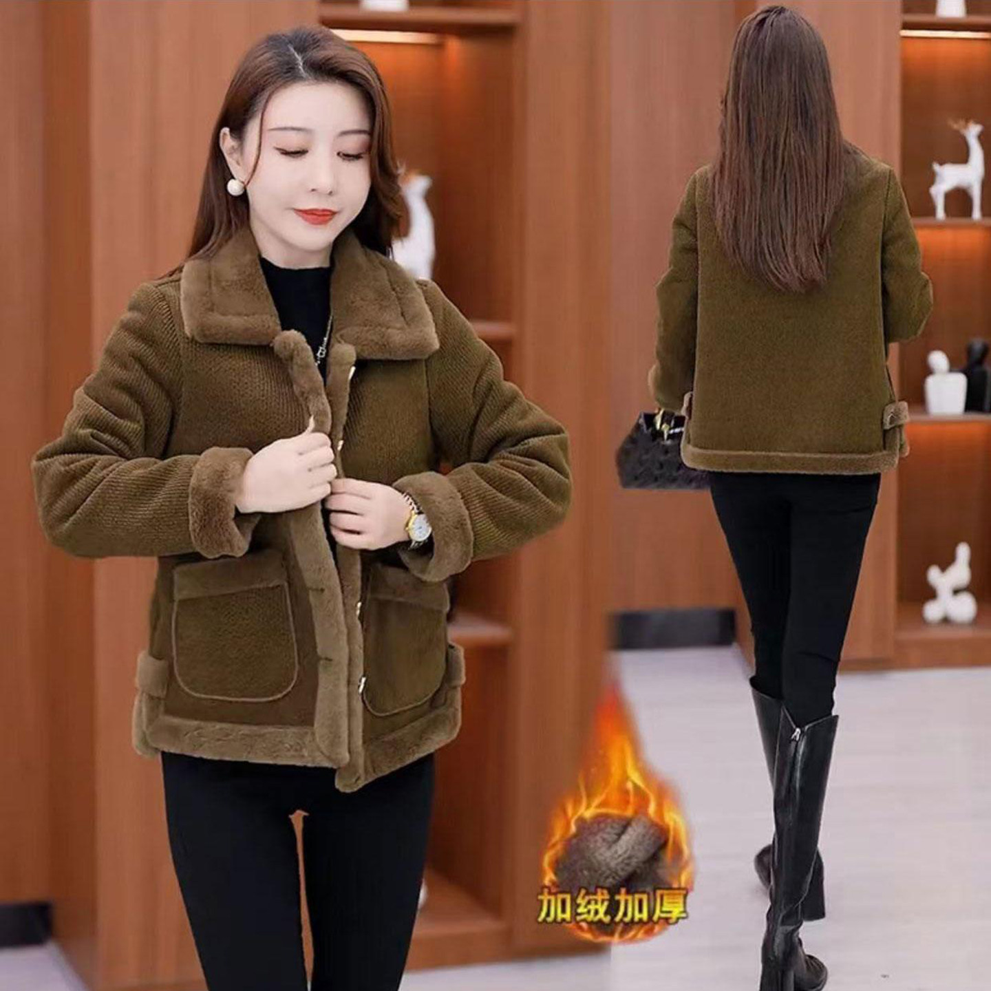 时尚洋气加绒加厚保暖短款外套女冬季新款显瘦百搭皮毛一体上衣,女装/女士精品,短外套,淘宝优惠券,粉丝福利购,淘宝优惠卷