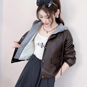复古风连帽加绒加厚皮衣外套女短款 冬季 新款 美式 宽松拼接夹克开衫