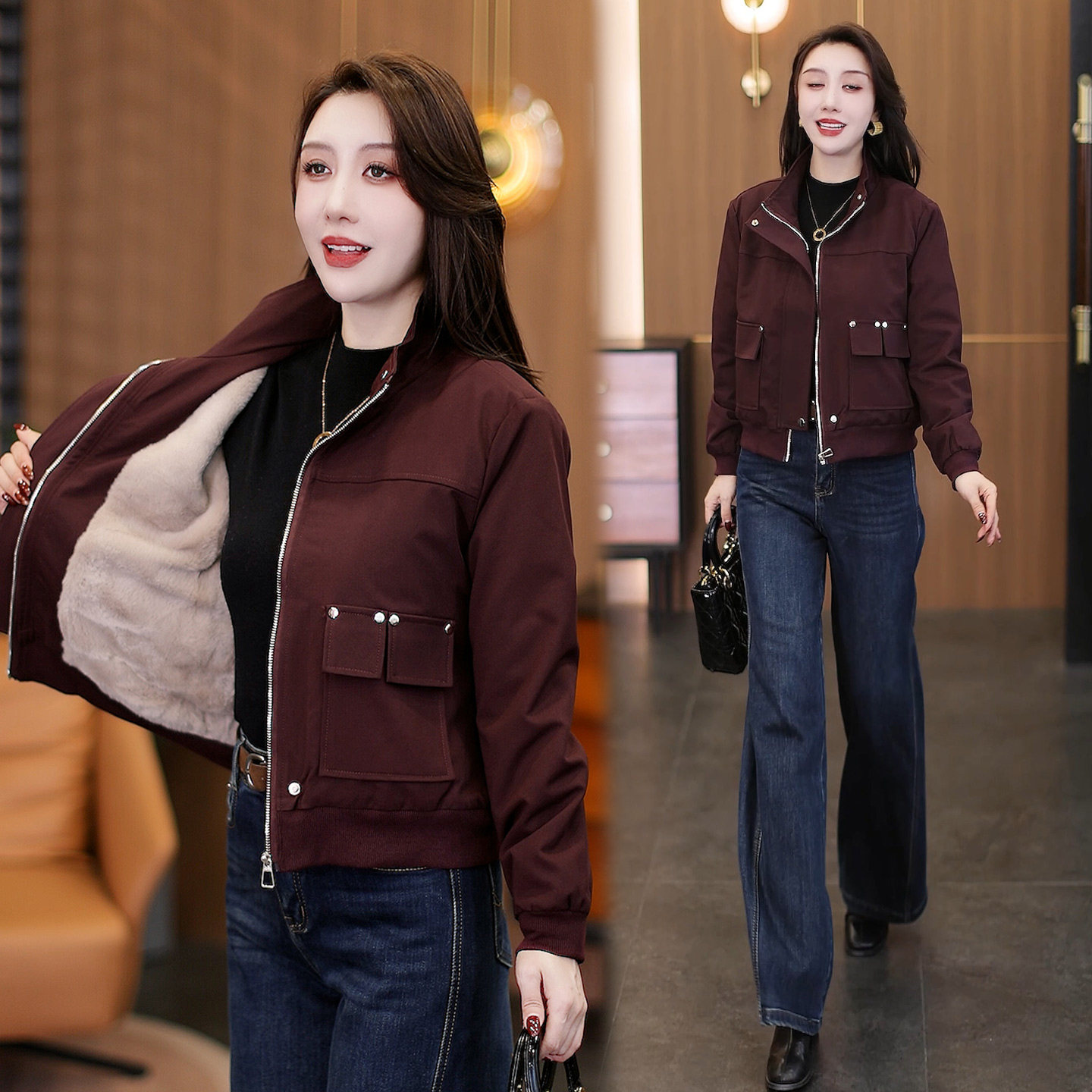 时尚休闲工装加绒加厚短外套女秋冬新款洋气开衫百搭拉链夹克上衣