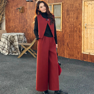 高级感时尚洋气质马甲+打底衫阔腿裤三件套女冬季新款毛呢料套装