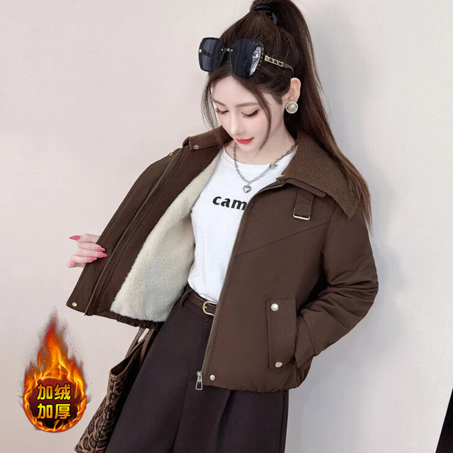 时尚休闲短款外套女冬季新款加绒加厚小个子宽松减龄夹克开衫上衣,女装/女士精品,短外套,淘宝优惠券,粉丝福利购,淘宝优惠卷