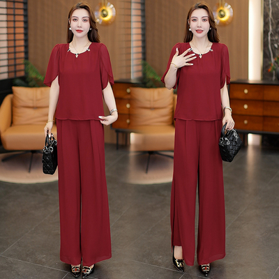 时尚宽松雪纺套装女夏季新款遮肉显瘦减龄设计感短袖阔腿裤两件套