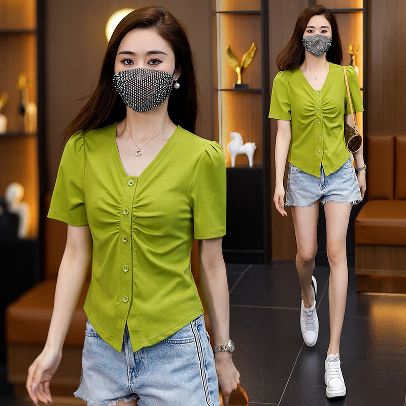 设计感修身显瘦V领短款短袖T恤女夏季2025新款时尚洋气小个子上衣