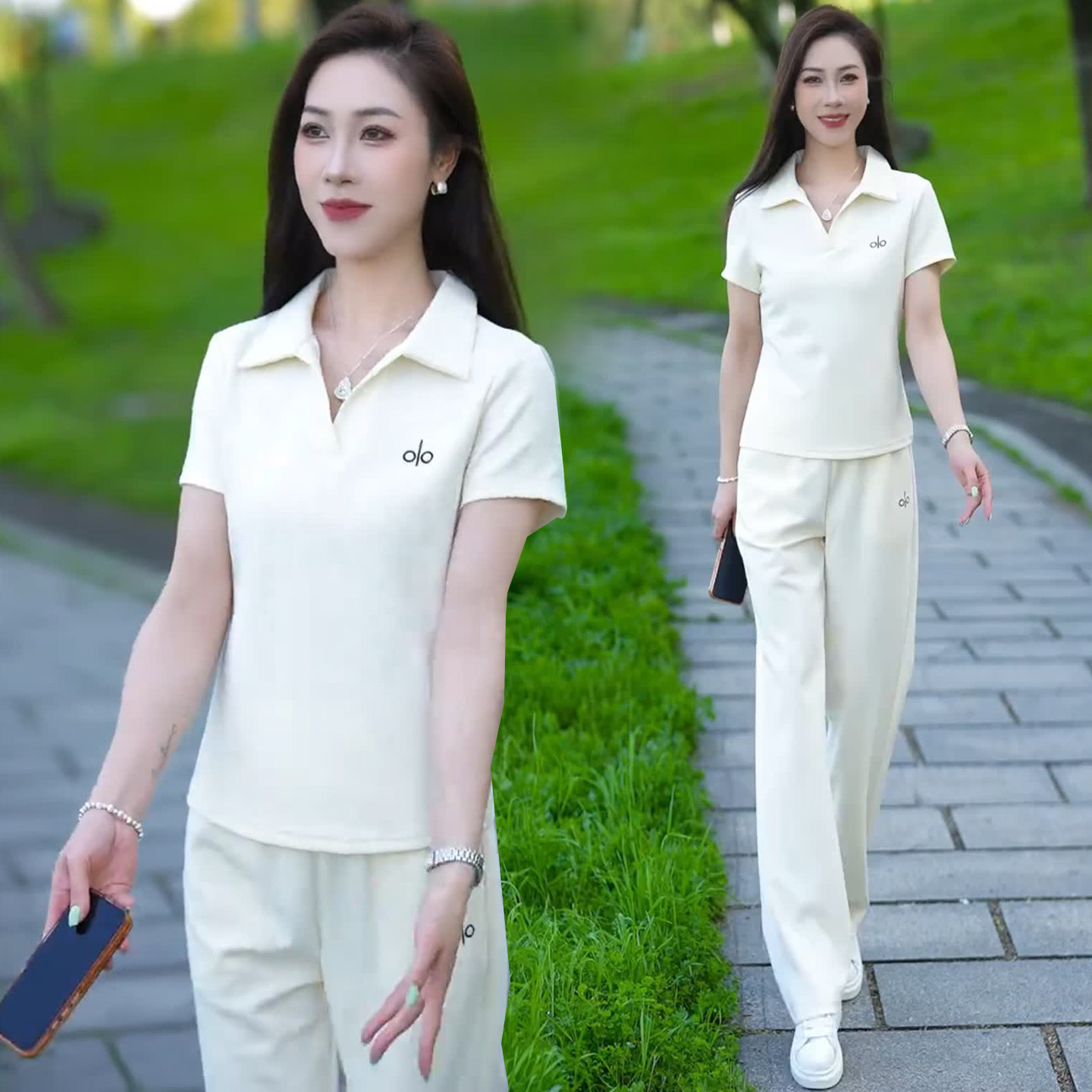 时尚休闲运动服套装女士夏季新款减龄POLO领短袖T恤直筒裤两件套
