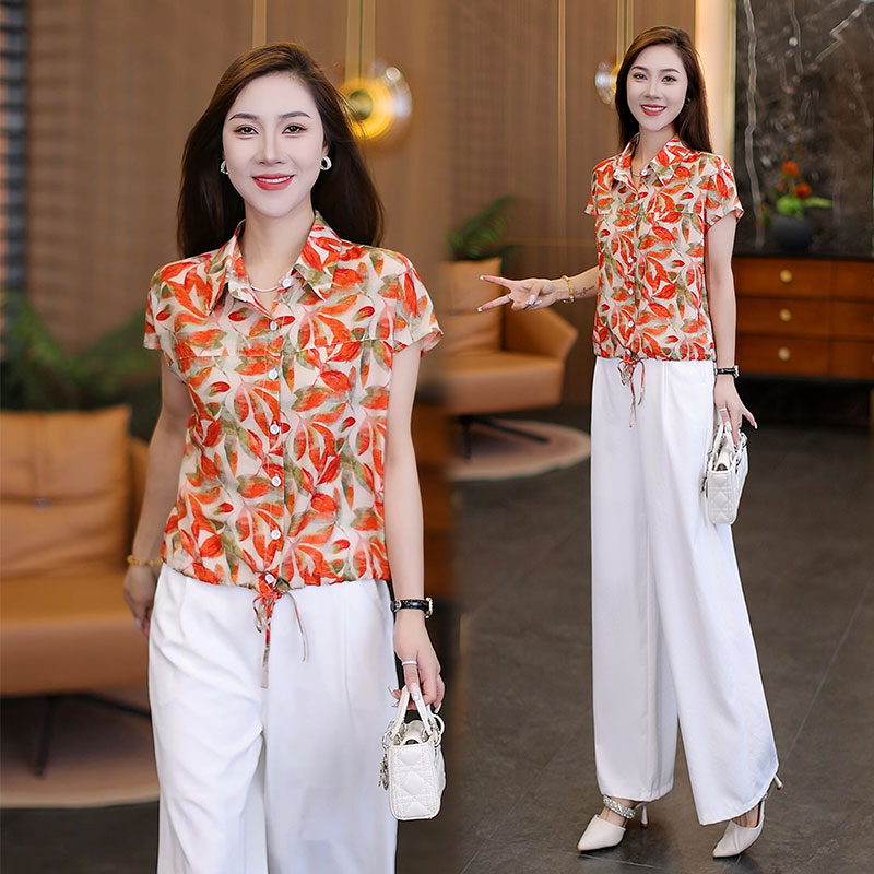 高档时尚收腰印花衬衫女夏装新款细带小衫翻领显瘦小个子短袖衬衣