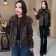 休闲保暖翻领皮夹克衫 加绒加厚短款 时尚 新款 上衣 皮衣外套女2025季