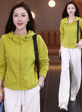 休闲运动服套装女春季新款时髦洋气减龄连帽外套阔腿裤时尚两件套