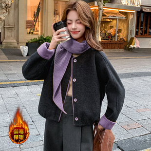 宽松休闲韩版短款加厚外套女秋冬新款洋气夹棉保暖毛呢料拼色上衣