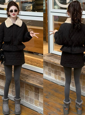 时尚套装裙女冬季新款时髦保暖洋气质显瘦短款棉衣服半身裙两件套