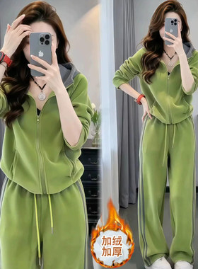 时尚休闲运动套装女秋冬新款加绒加厚连帽外套阔腿裤金丝绒两件套