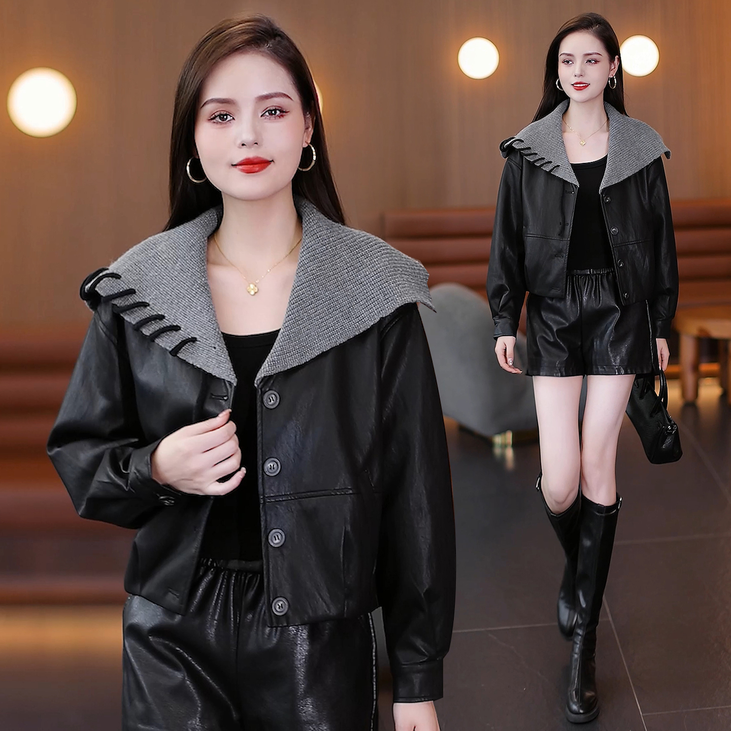 时尚针织翻领拼接短款皮衣外套女2025春秋新款显瘦百搭小个子上衣