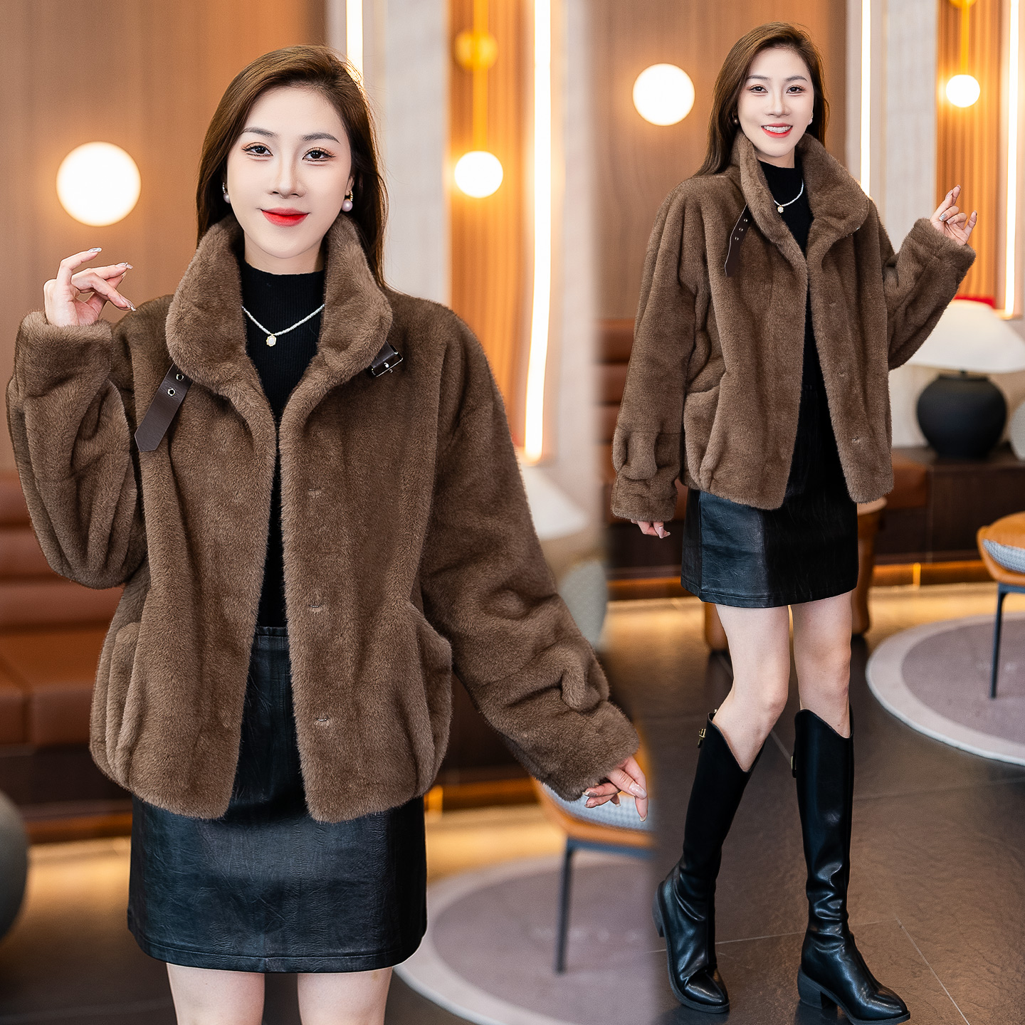 皮草女秋冬新款宽松韩版高级感立领皮毛一体时尚棕色加厚毛绒大衣