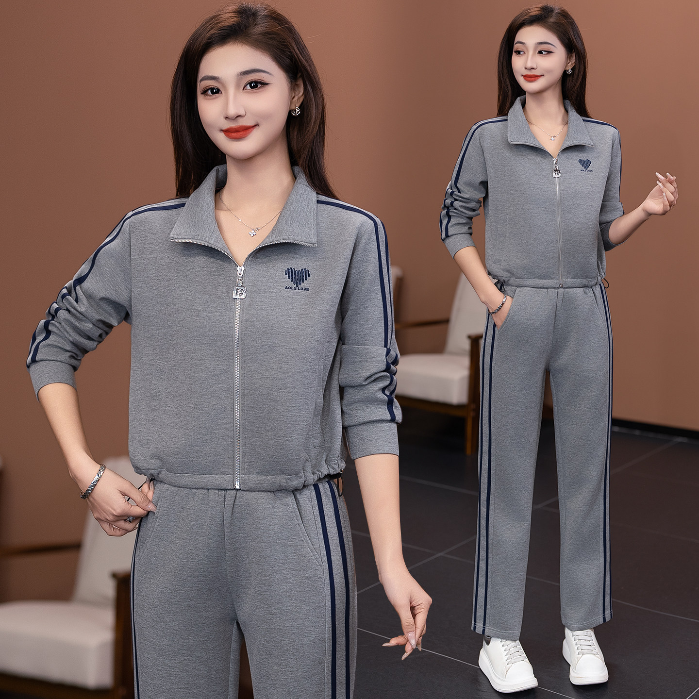 宽松洋气短款外套直筒裤两件套女士春季新款时髦小个子运动服套装