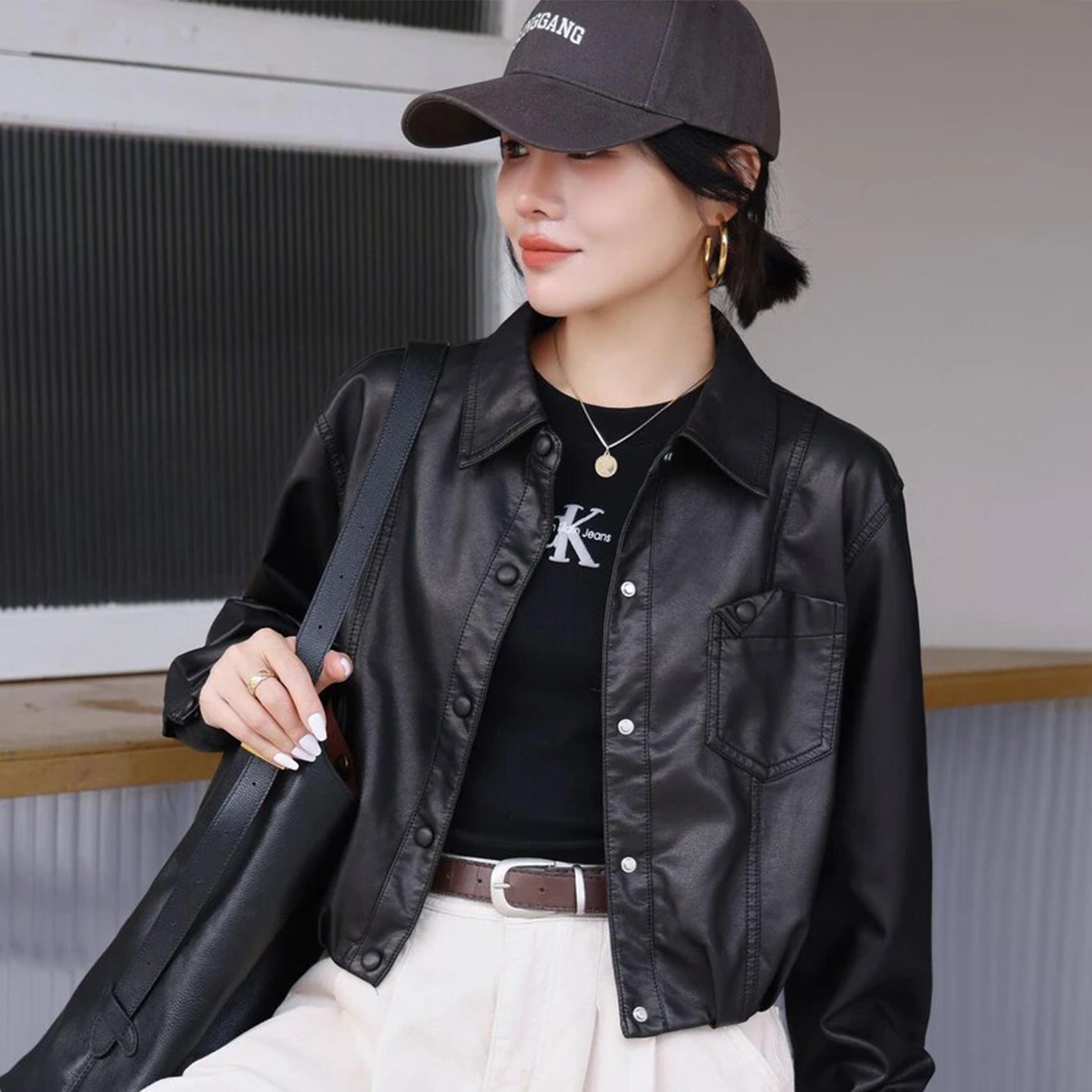 时尚洋气短款皮衣外套女早秋新款小个子显瘦百搭机车服皮夹克开衫