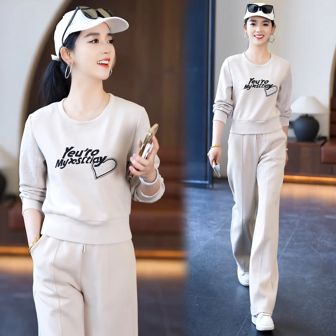 时尚休闲圆领短款卫衣阔腿裤两件套女春季新款洋气减龄运动服套装