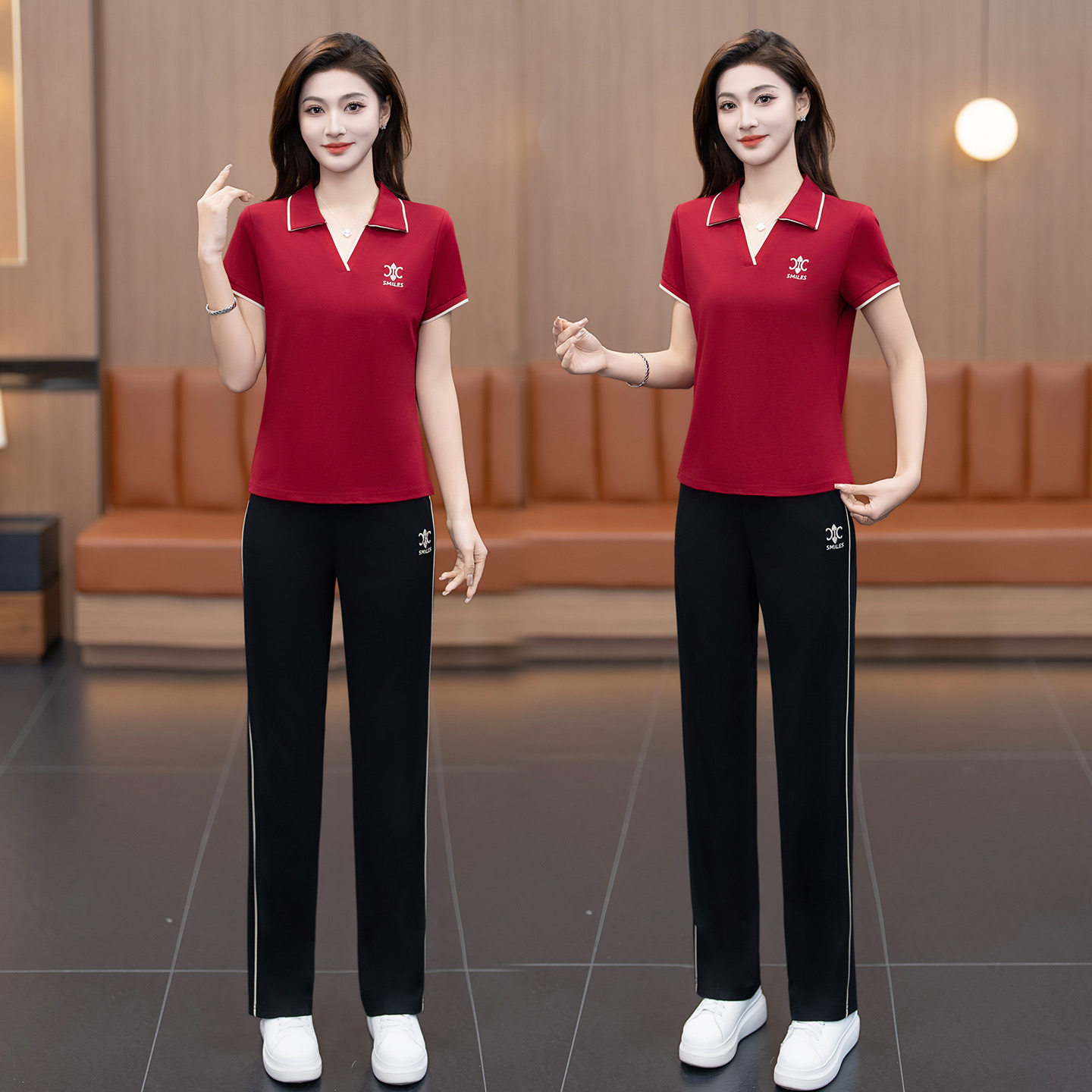 2026夏季新款冰丝运动服套装女士翻领短袖长裤时尚显瘦休闲两件套