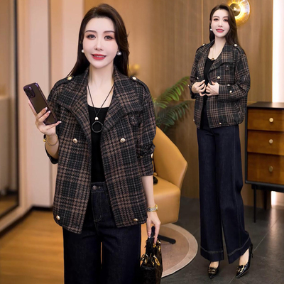 时尚复古格纹毛呢料短款外套女2025春秋新款洋气韩版减龄开衫上衣