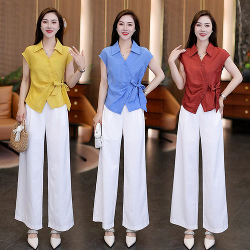 时尚套装女2026夏季新款洋气质显瘦绑带收腰短袖衬衫阔腿裤两件套
