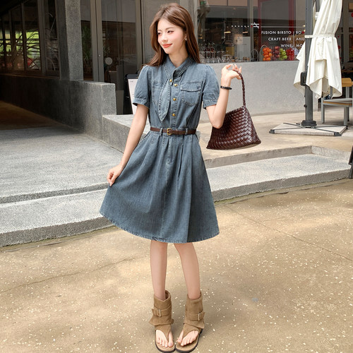 牛仔连衣裙女夏季新款收腰显瘦气质衬衫裙复古修身A字裙蓝色裙子