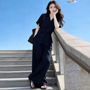 时尚洋气套装女士夏季新款休闲韩版收腰显瘦短袖衬衫阔腿裤两件套