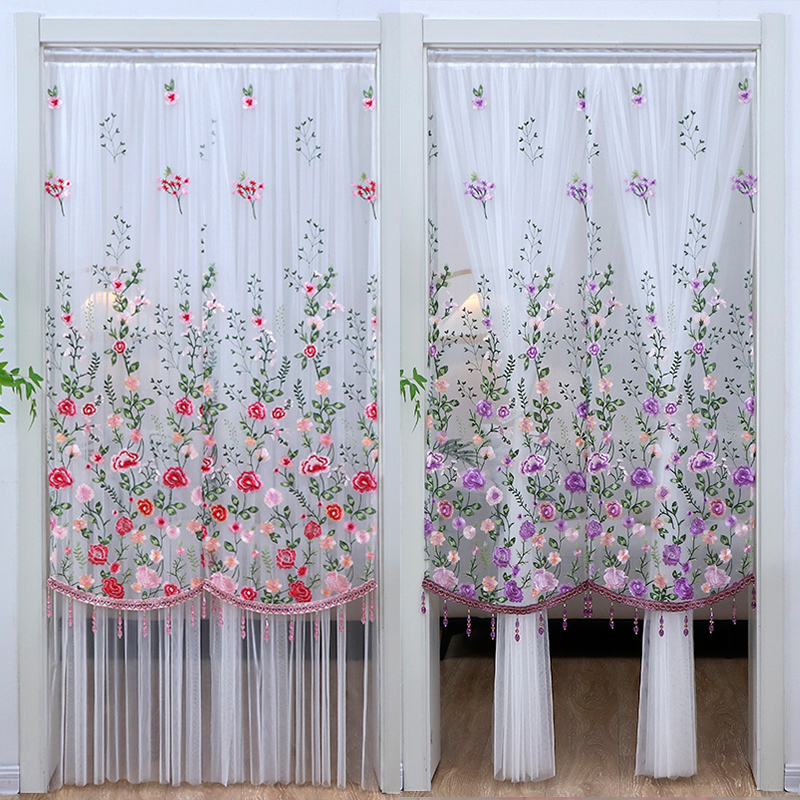田园蕾丝门帘防蚊家用四季纱帘通用隔断帘免打孔卧室厨房装饰帘子