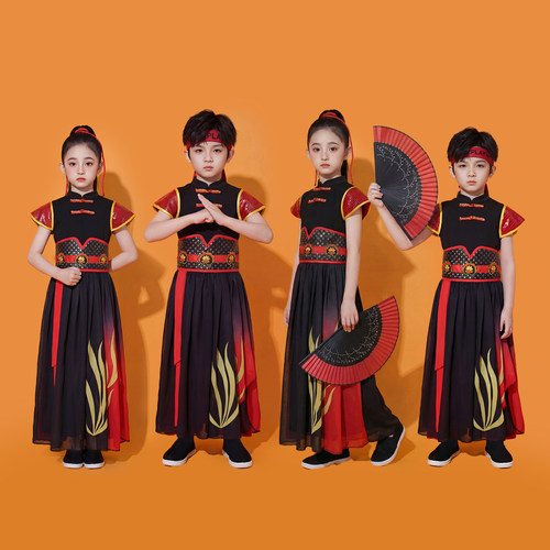 六一儿童中国风表演服小学生武侠风古装打鼓服扇子舞演出服舞台装