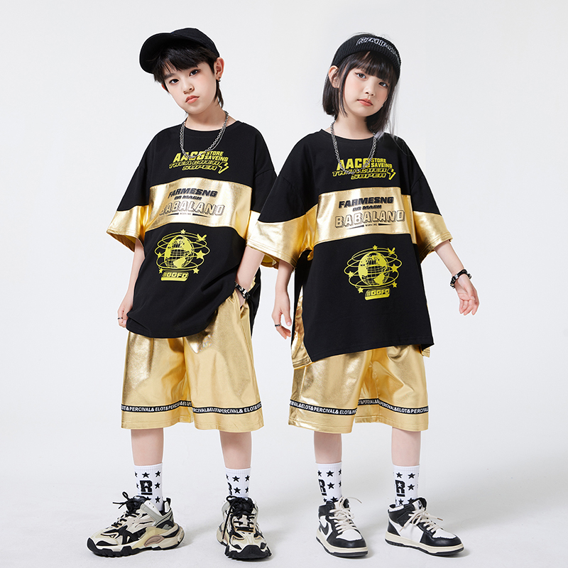 男童嘻哈街舞儿童潮服套装女童hiphop酷帅演出服短袖潮牌表演服夏