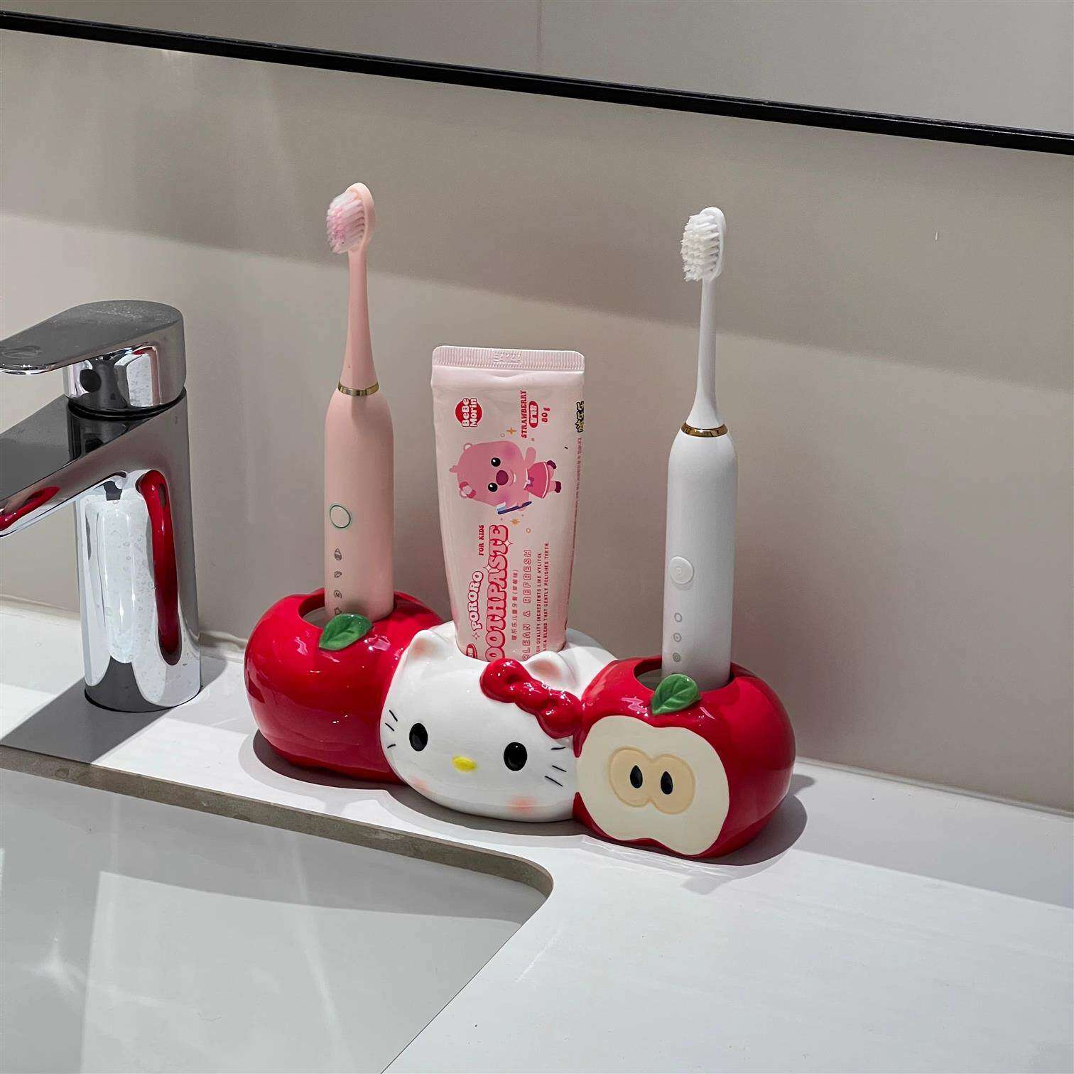 可爱电动牙刷架创意苹果猫陶瓷卫生间洗漱台情侣牙刷牙膏置物架