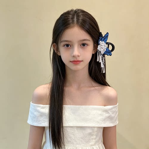 新中式蓝色蝴蝶流苏抓夹鲨鱼夹发抓发夹女汉服拍照侧边盘发饰头饰