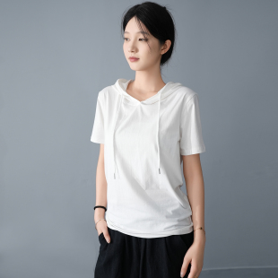 高级感连帽体恤显瘦遮肚白色上衣 纯棉短袖 t恤女夏季 新款 宽松大码
