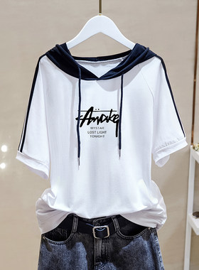夏天短袖全棉戴帽纯色大码t恤女