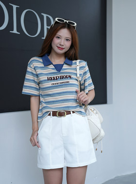 条纹翻领t恤女夏亚麻短裤两件套