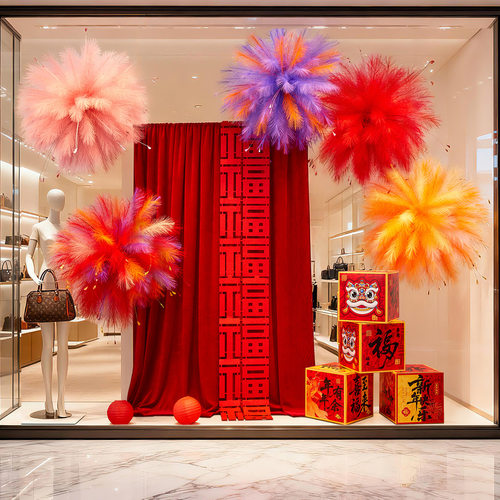 新年烟花装饰橱窗美陈打卡背景墙