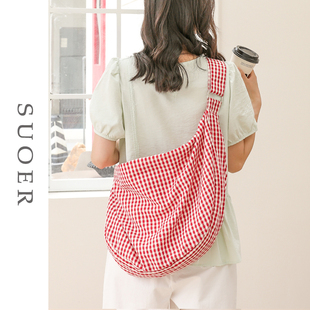 大容量拉链帆布包女小众格子宽肩带单肩斜挎包休闲饺子包2025新款
