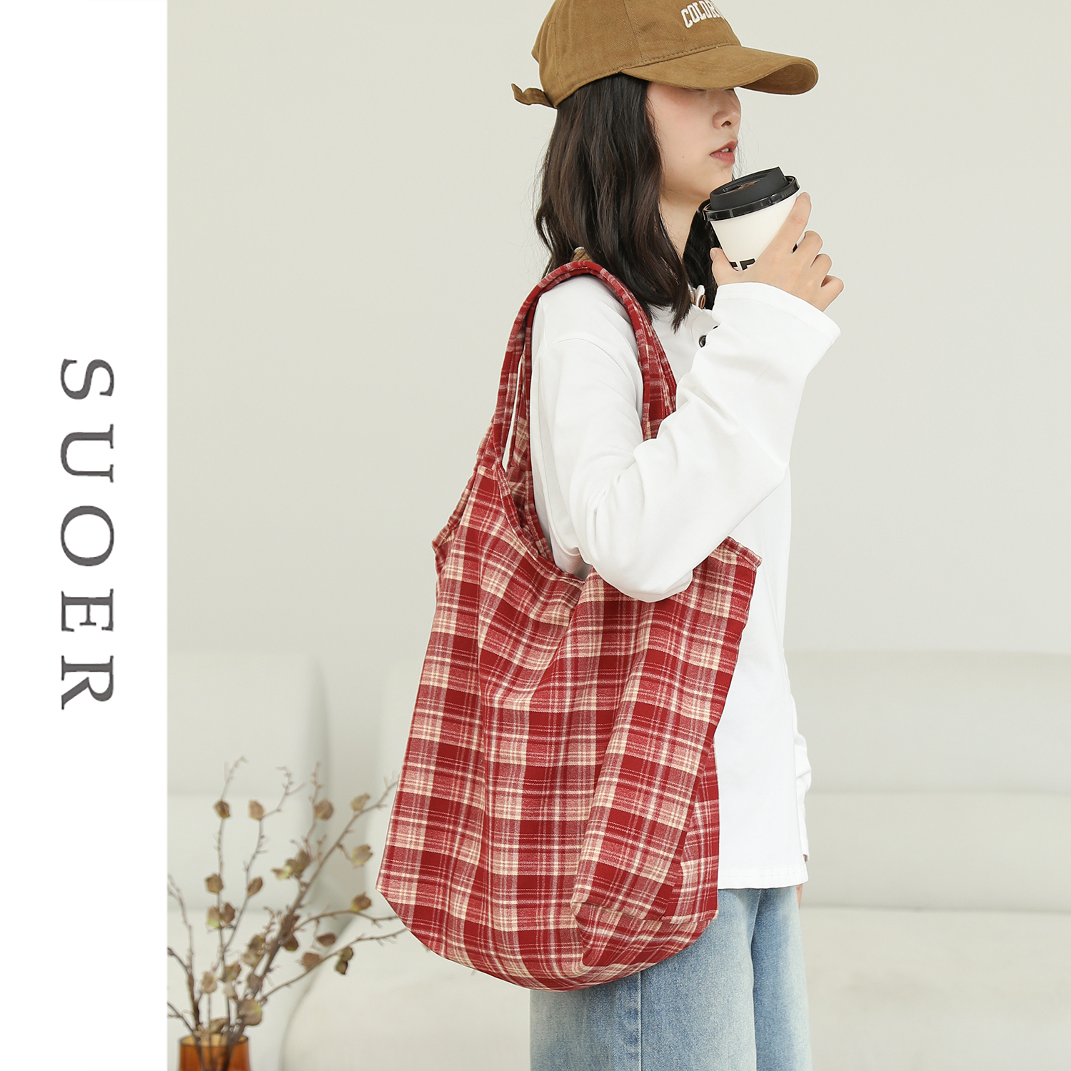 拉链帆布包女百搭格纹手提单肩包