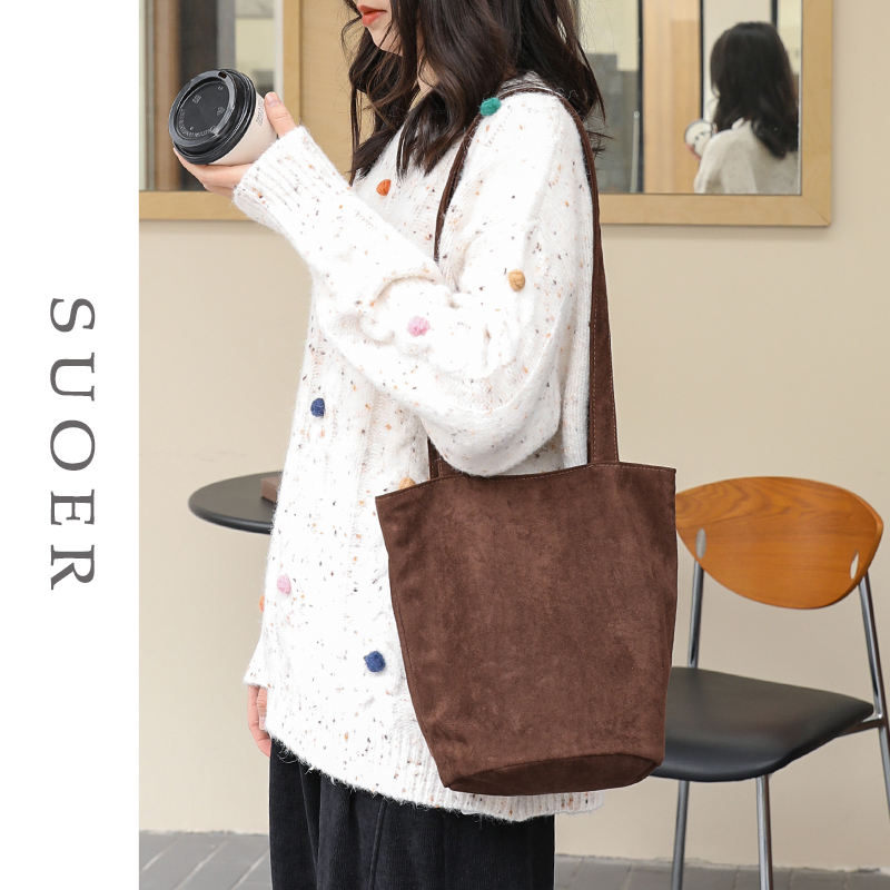 韩版休闲帆布水桶包单肩