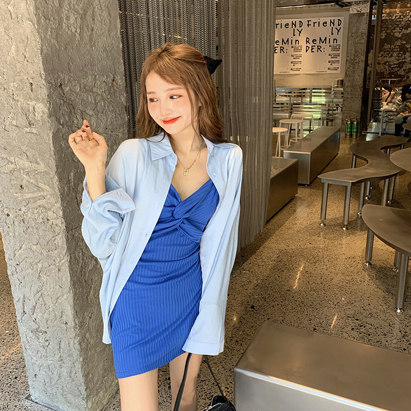 法式复古防晒长袖衬衫套装女设计感小众修身包臀吊带连衣裙两件套