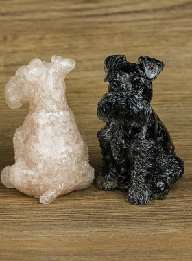 天然水晶黑曜石黄水晶粉水晶雪纳瑞宠物狗犬摆件桌面饰品摆饰客厅